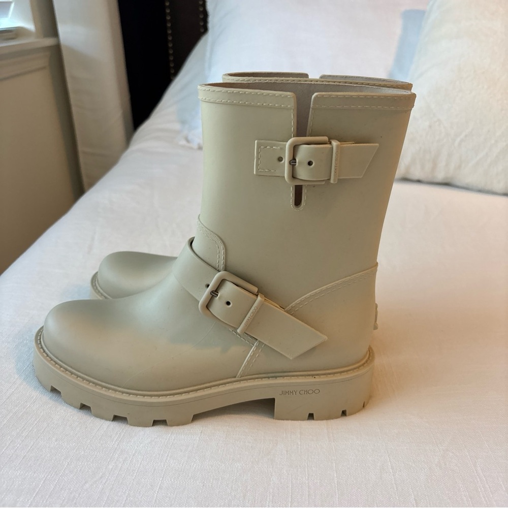 Jimmy Choo Yael Women's Beige Buckle Rain Moto Boots size 37 MSRP $650
